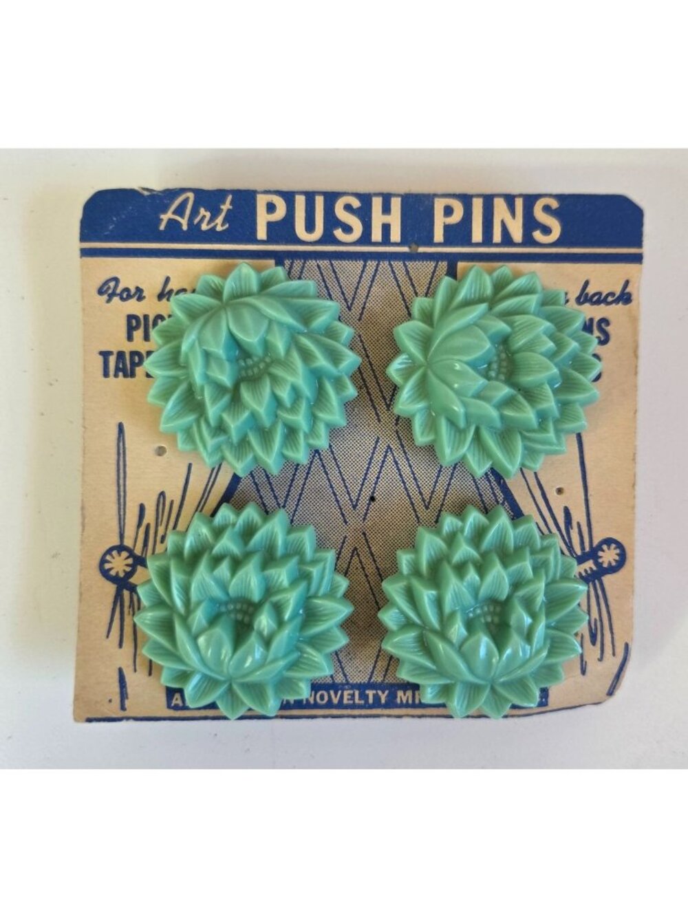 Vtg Floral Art Push Pins Buttons Teal Plastic Flower 1940s Retro Packaging